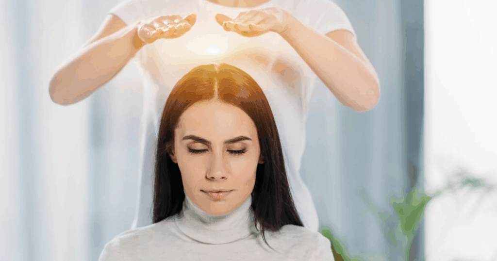 Image shows a woman receiving a Reiki Attunement.